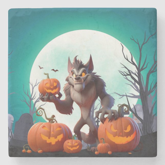 Porta-copo De Pedra Lobisomem e abóboras do Halloween (Frente)