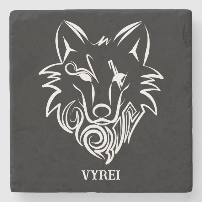 Porta-copo De Pedra Lobo Tribal Negro e Branco (Frente)