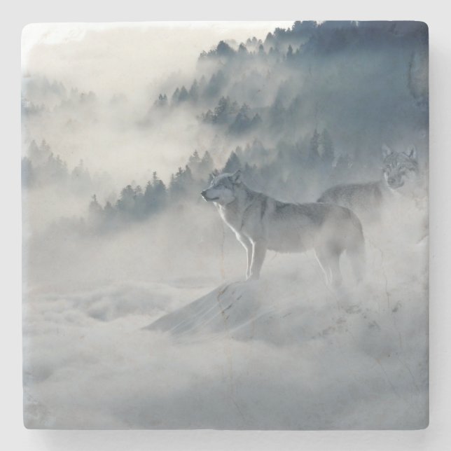 Porta-copo De Pedra Lobos numa paisagem de inverno (Frente)