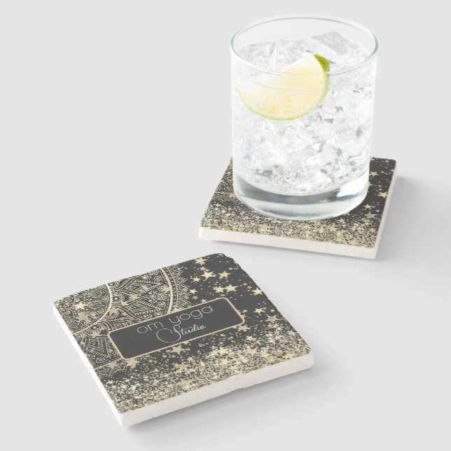 Porta-copo De Pedra Lotus Mandala com Douradas estrelas a preto person (Lateral)
