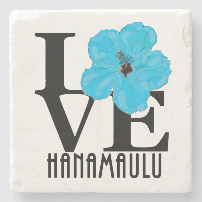 Porta-copo De Pedra LOVE Hanamaulu Hawaii Blue Hibiscus (Frente)