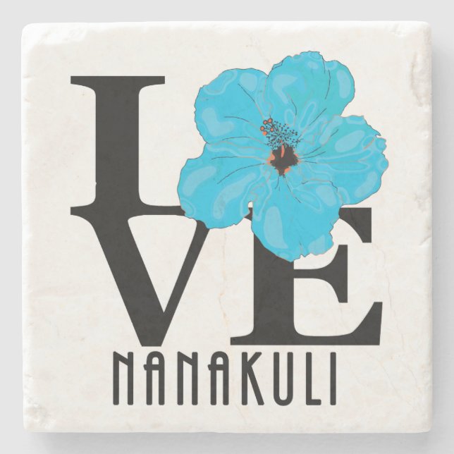 Porta-copo De Pedra LOVE Nanakuli Hawaii Blue Hibiscus (Frente)