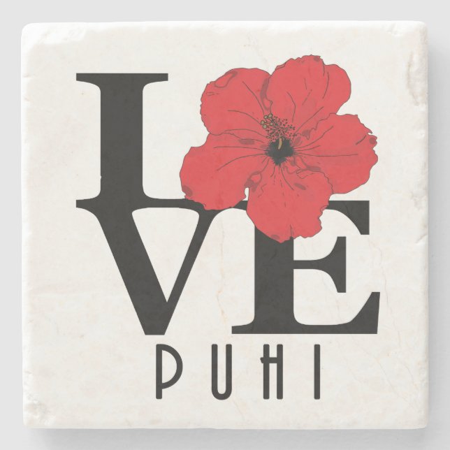 Porta-copo De Pedra LOVE Puhi Hawaii Red Hibiscus (Frente)
