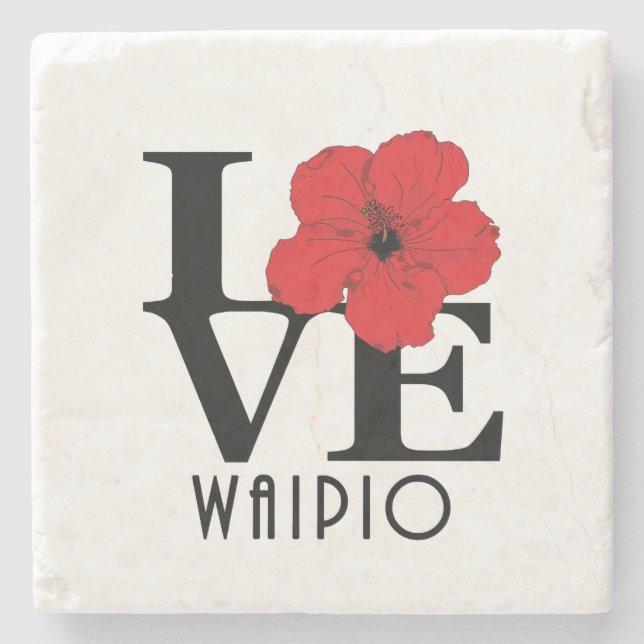 Porta-copo De Pedra LOVE Waipio Hawaii Red Hibiscus (Frente)