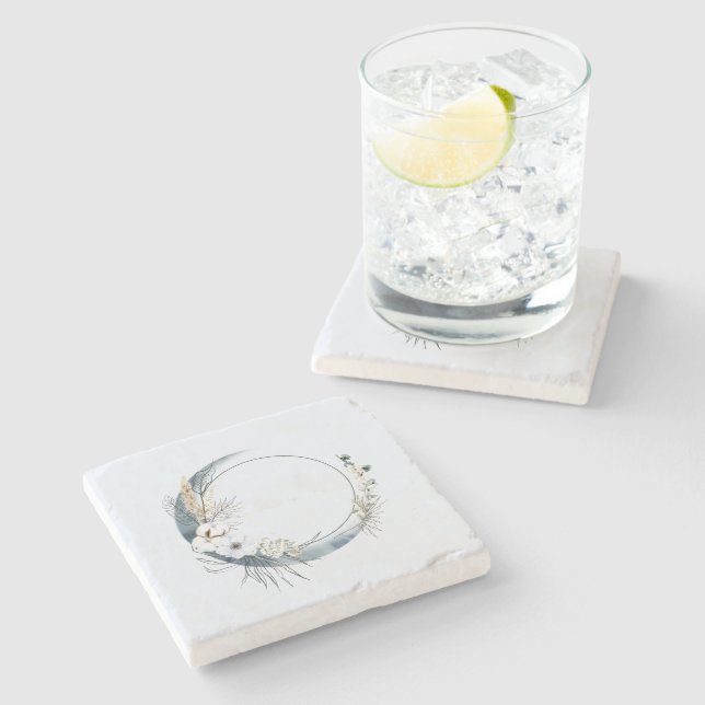 Porta-copo De Pedra Lua azul crescendo com flores brancas (Lateral)