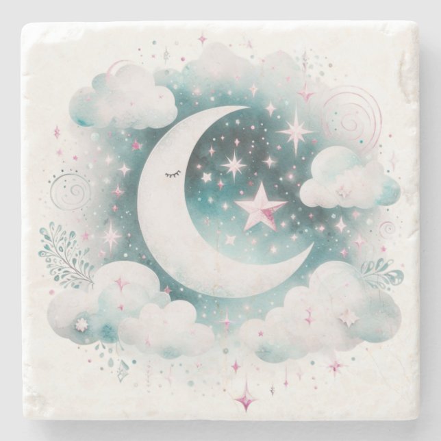Porta-copo De Pedra Lua Crescente Azul e Branco Boho Moderno Celestial (Frente)