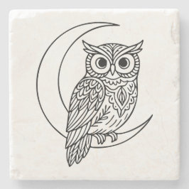 Porta-copo De Pedra Luna Owl Line Art with Crescent Moon
