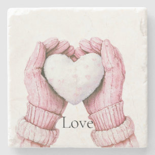 Porta-copo De Pedra Luvas Rosa Coração Branco Amor