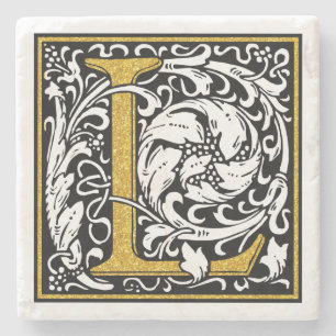 Porta-copo De Pedra Macrolímus Pretos E Dourados Monogramas L Acentos