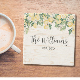 Porta-copo De Pedra Madeira Branca de Limão Amarelo Monograma