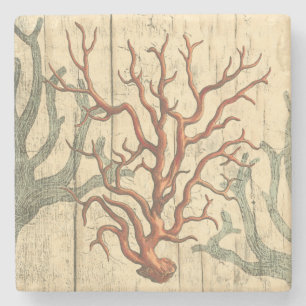 Porta-copo De Pedra Madeira e coral pequeno