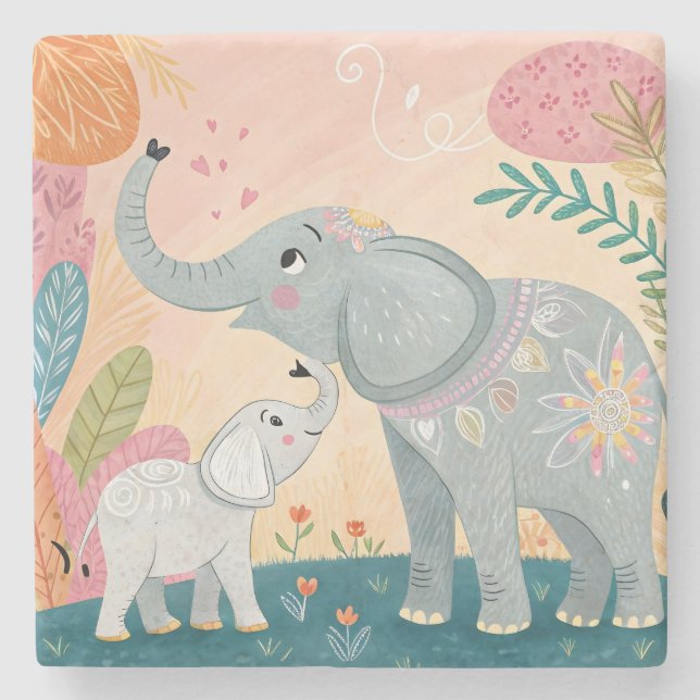 Porta-copo De Pedra Mãe e Bebê Elefante (Frente)