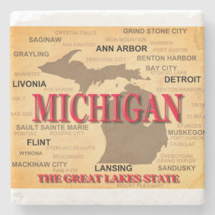 Porta-copo De Pedra Mapa Do Estado De Michigan, Detroit, Lansing