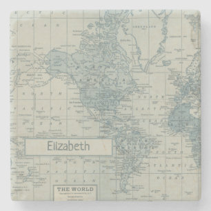 Porta-copo De Pedra Mapa Mundial Vintage personalize seu próprio nome