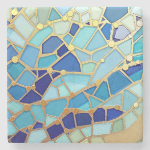 Porta-copo De Pedra Mar de Ondas Azul e Dourado Mosaico Arte Refinada