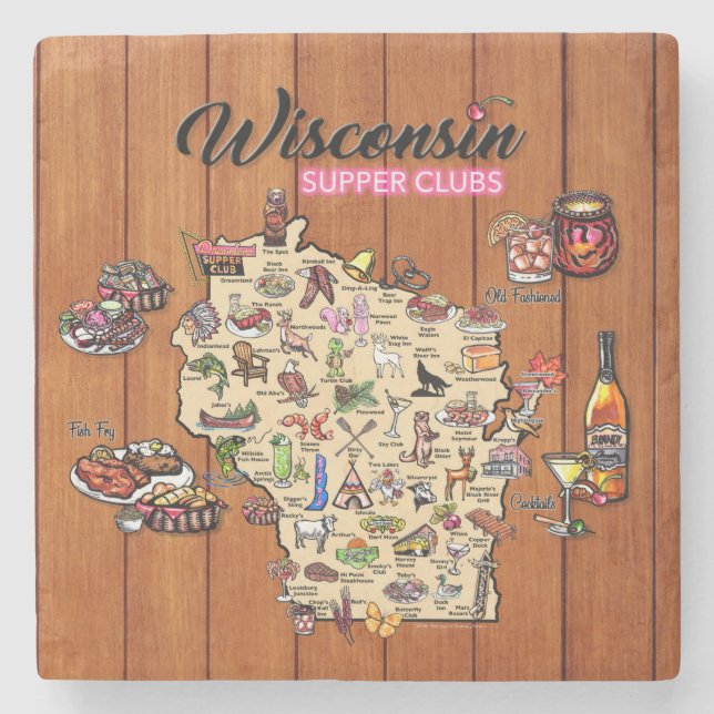 Porta-copo De Pedra Marble Coaster - Wisconsin Supper Club Map (Frente)