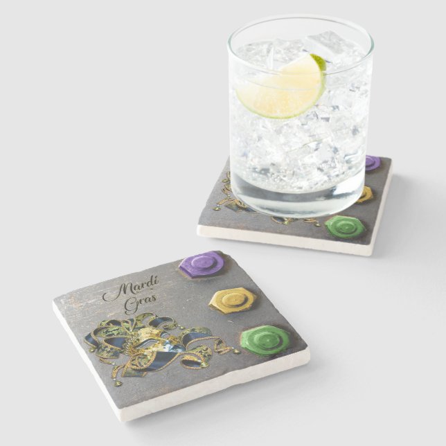 Porta-copo De Pedra Mardi Gras Máscara de SlipperyJoe, verde-ouro roxo (Lateral)
