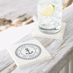 Porta-copo De Pedra Marinho Azul, Corda Náutica e Nome do Barco Ancora