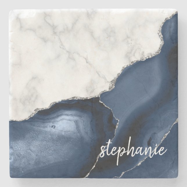 Porta-copo De Pedra Marinho Blue Agate Signature White Marble Silver (Frente)