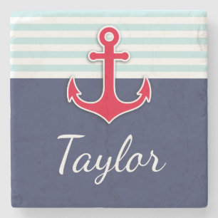 Porta-copo De Pedra Marinho Blue Mint Stripes Red Anchor Personalizado