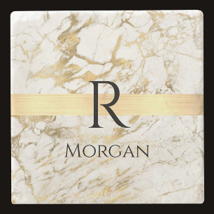 Porta-copo De Pedra Mármore Branco e Dourado, Nome Preto e Monograma
