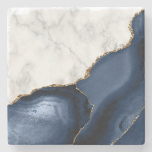 Porta-copo De Pedra Mármore Falso Branco Ágata Azul Marinho Dourado