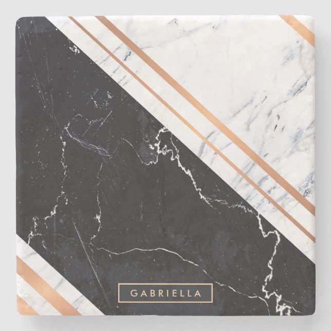 Porta-copo De Pedra Mármore Preto e Branco (Frente)