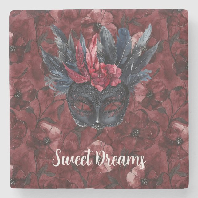 Porta-copo De Pedra Máscara de Penas Vermelhas Pretas (Frente)