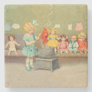 Porta-copo De Pedra Menina do vintage que joga com bonecas