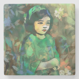 Porta-copo De Pedra Menina em vestida verde