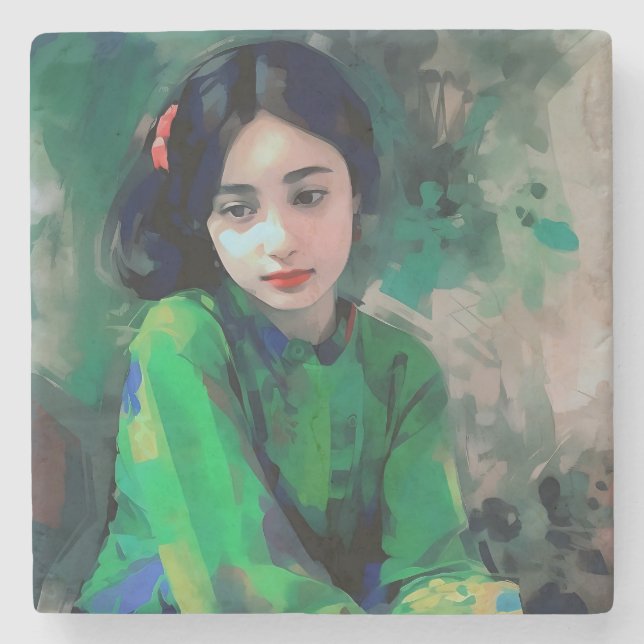 Porta-copo De Pedra Menina em vestida verde (Frente)