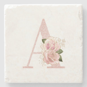 Porta-copo De Pedra Menina Rosa Dourado Pálido Brilho Floral Monograma