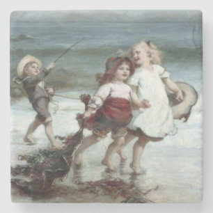 Porta-copo De Pedra Meninas Brincando de Cavalos na Praia