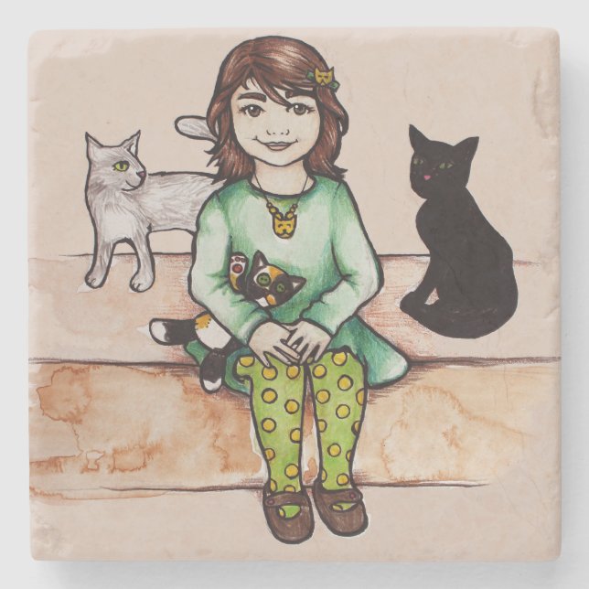 Porta-copo De Pedra Menininha com gatos (Frente)