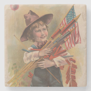 Porta-copo De Pedra Menino com Fogos de Artifício, Bandeira Americana,