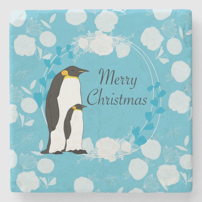 Porta-copo De Pedra merry christmas, christmas,penguin,flowers (Frente)
