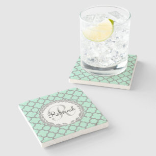 Porta-copo De Pedra Mint Green Cinza Quatrefoil Name Monogrammed Laure