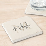Porta-copo De Pedra Modern Monogram Name<br><div class="desc">This stone coaster features a modern,  elegant monogram and name in stylish script calligraphy on a neutral beige background. It is easily customizable. Makes a perfect housewarming gift or a gift for a friend.</div>