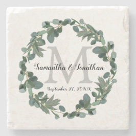 Porta-copo De Pedra Moderno Eucalyptus Wreath Monogramas
