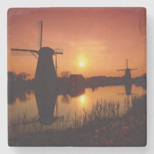 Porta-copo De Pedra Moinhos de vento ao pôr do sol, Kinderdijk, Holand