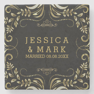 Porta-copo De Pedra Molho Floral de Vintage em Negra e Dourada