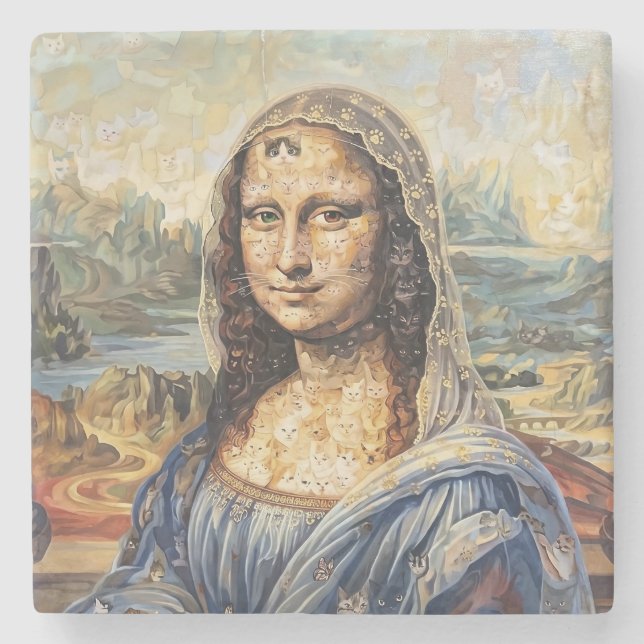 Porta-copo De Pedra Mona Lisa collage art made with cat faces (Frente)