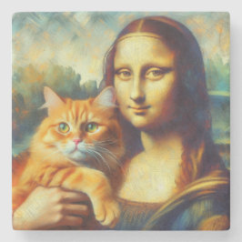 Porta-copo De Pedra Mona Lisa pintando La Gioconda com Cat