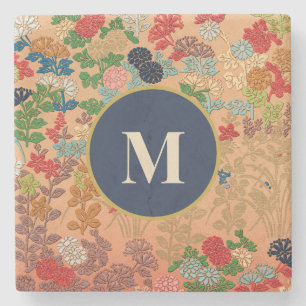 Porta-copo De Pedra Monograma Arte Floral Japonesa Vintage Inicial Dou