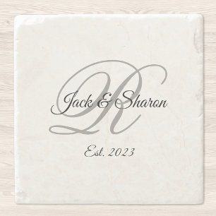 Porta-copo De Pedra Monograma Black and Gray Fancy Script Personalizad