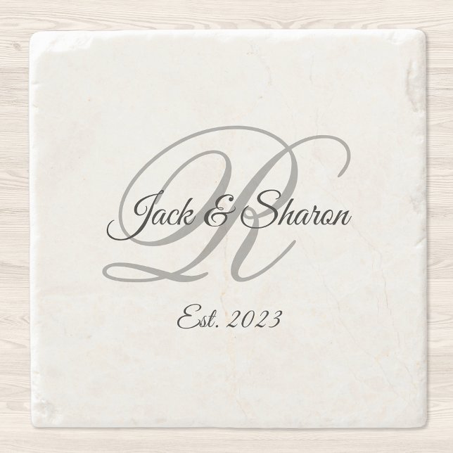 Porta-copo De Pedra Monograma Black and Gray Fancy Script Personalizad (Criador carregado)