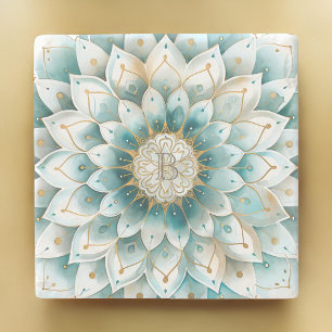 Porta-copo De Pedra Monograma Blue Teal Dourado Mandala