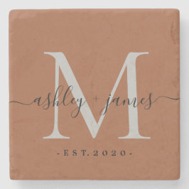 Porta-copo De Pedra Monograma Chic Script Data de Casamento TerraCotta