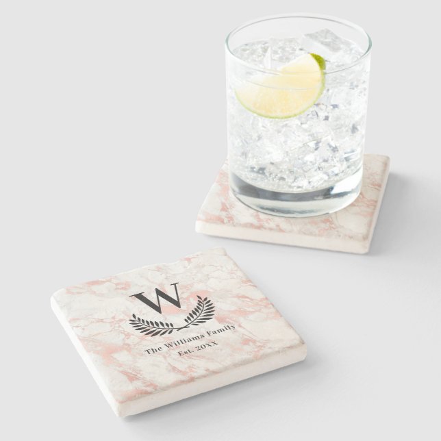 Porta-copo De Pedra Monograma clássico da família rosa dourado mármico (Lateral)