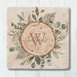 Porta-copo De Pedra Monograma Cores de Água Fatia e Folhagem de Madeir